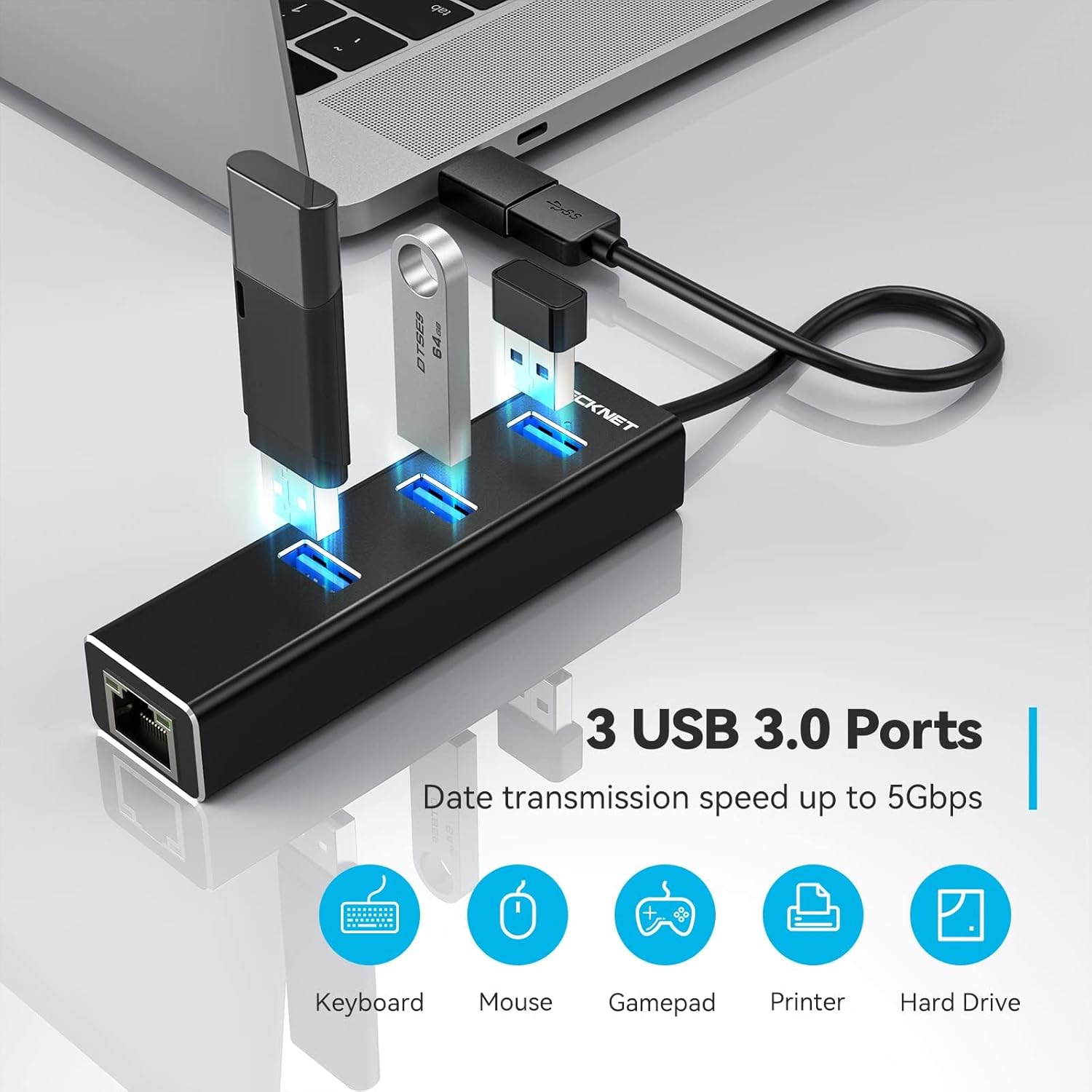 TECKNET USB C Ethernet Adapter 3 Port Aluminum Hub 5Gbps - Image 4