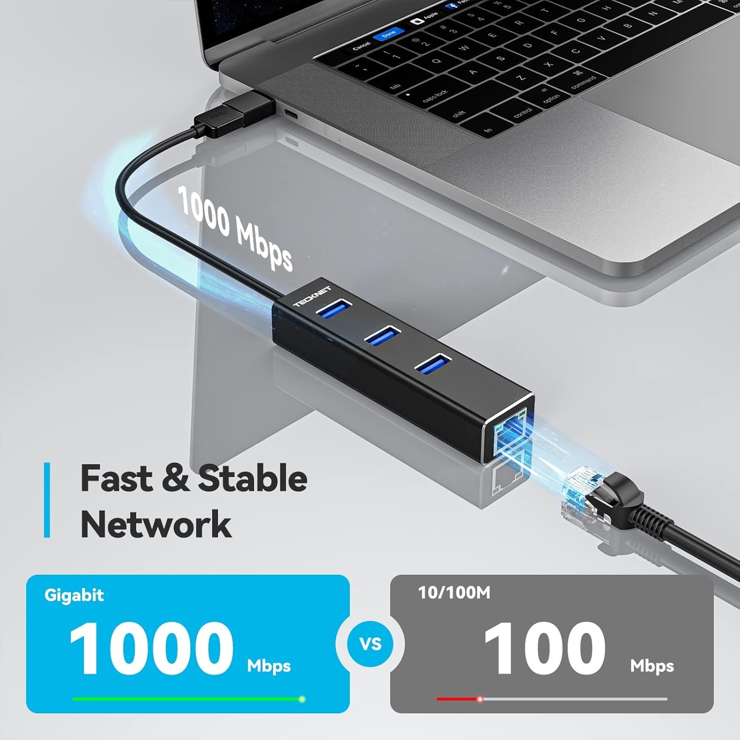 TECKNET USB C Ethernet Adapter 3 Port Aluminum Hub 5Gbps - Image 2