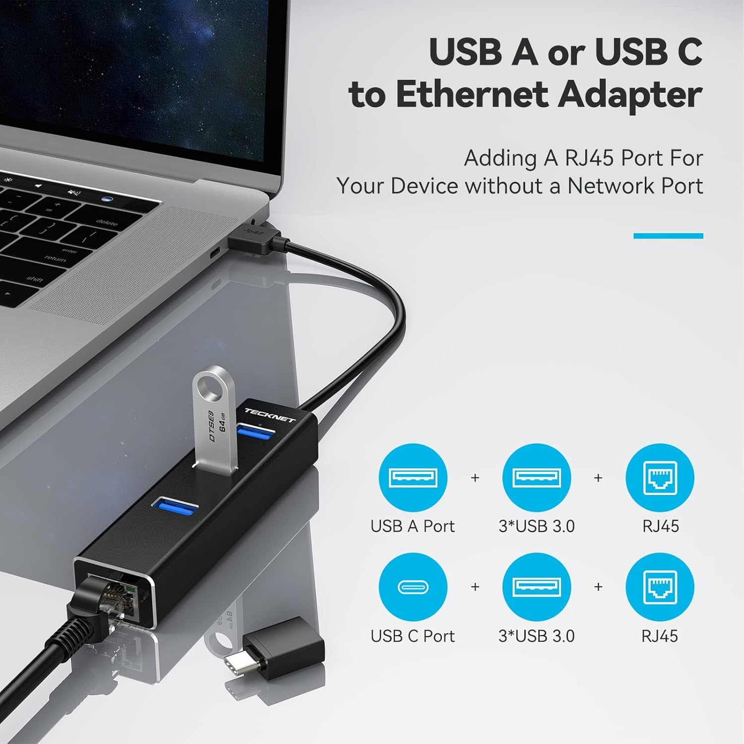 TECKNET USB C Ethernet Adapter 3 Port Aluminum Hub 5Gbps - Image 3